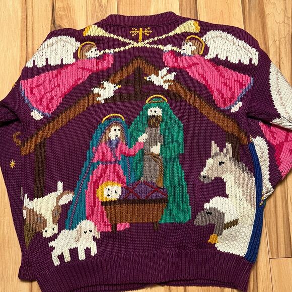 VINTAGE Rare Nativity Scene Heavy Knit Cardigan Size M 90s Wise Men Jesus - Picture 4 of 6